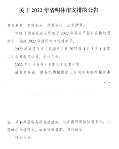 关于江苏惠明2022年清明休市安排的公告