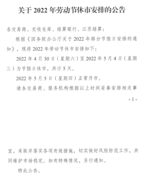 关于江苏惠明2022年劳动节休市安排的公告